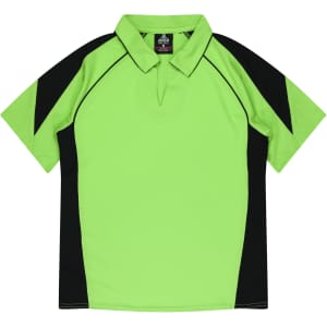 A green and black polo shirt featuring a collar and short sleeves, with a logo on the label.