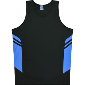A black singlet featuring blue side panels and a logo. Suitable for kids.