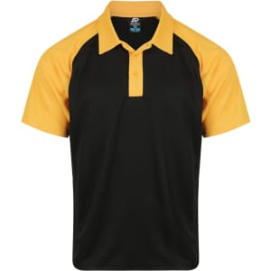 A black and yellow polo shirt with a logo on the chest, featuring a classic collar and short sleeves.