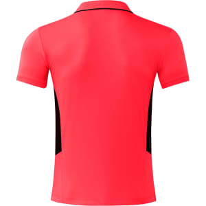 A red men's polo shirt with black side panels and a collar, featuring a logo on the back.