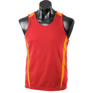 A red singlet with yellow accents, displayed on a mannequin torso. Features a logo on the garment.