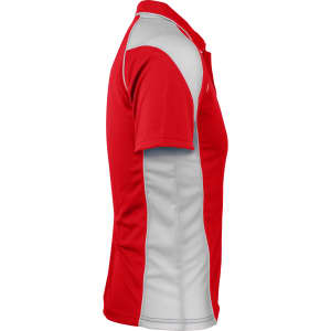 A red and grey polo shirt featuring a logo, displayed from the side.