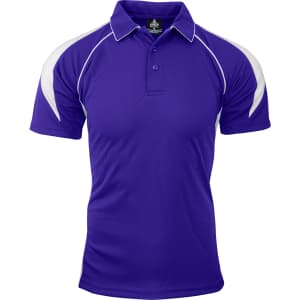 A purple polo shirt with white accents and a collar. The shirt features a logo on the chest area.