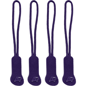 Four purple zip puller accessories with a looped design and a logo.