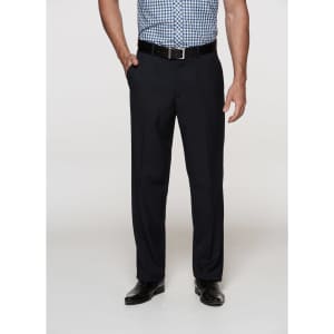 Men's flat front pants in black, paired with a checkered shirt and belt. The model stands with a neutral background.