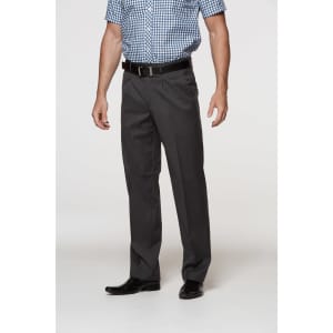 Men's pleated slacks in dark grey, paired with a checked shirt and a black belt, displayed on a model.