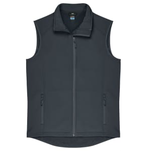 A dark grey men's vest featuring a high collar, zip front, and two side pockets. It has a logo on the chest.