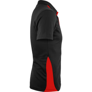 A black polo shirt with red side panels and short sleeves, featuring a logo on the chest.