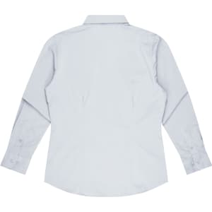 A long-sleeve button-up shirt in light blue, featuring a classic collar and buttoned cuffs. Includes a logo.