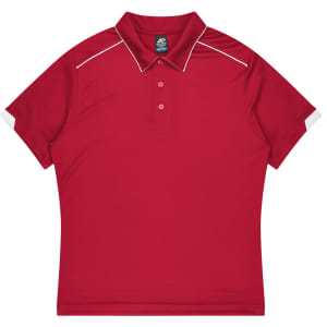 A red polo shirt featuring a collar and short sleeves, with contrasting white accents and a logo.