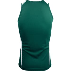 A green men's singlet with white side stripes and a fitted design. It features a logo on the back.