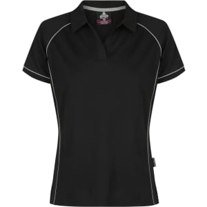 A black polo shirt featuring contrasting piping and a logo. Designed for women's wear with a classic fit.