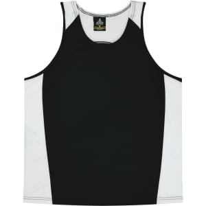 A black and white singlet featuring a logo, designed for kids.