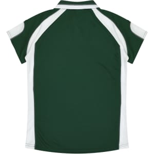 A green and white polo shirt with short sleeves and a collar, featuring a logo on the back.