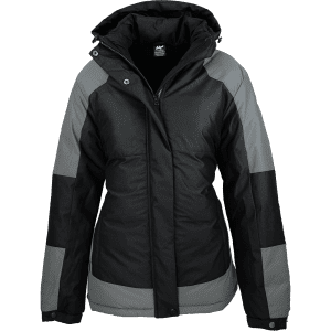 A black and grey jacket with a hood and a zip front, featuring a logo on the chest.