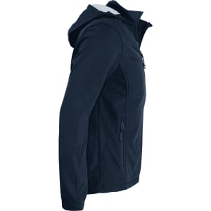 A soft shell jacket in navy blue with a hood and zippered pockets, featuring a logo on the front.
