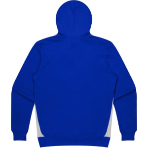 A blue hoodie featuring a hood and contrasting grey side panels, with a logo on one side.
