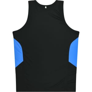 A black singlet featuring blue side panels, designed for kids, with a logo on the back.