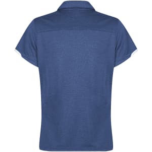 A blue polo shirt with a collar and short sleeves, featuring a simple design and a logo.