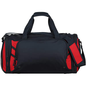 A black and red duffle bag with multiple compartments and a shoulder strap, featuring a logo.