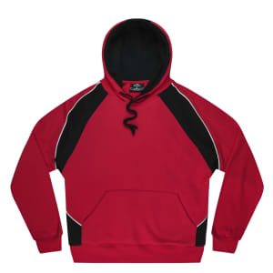 A red and black hoodie with a front pocket and hood. Features contrasting sleeves and a logo.