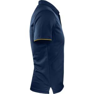 A navy polo shirt featuring a yellow trim and a logo on the chest.
