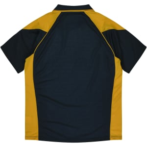 A polo shirt featuring a dark green body with yellow sleeves and a logo on the front.
