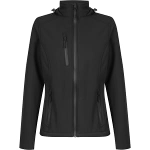 A black soft shell jacket with zippered pockets and a stand-up collar. It features a logo on the front.
