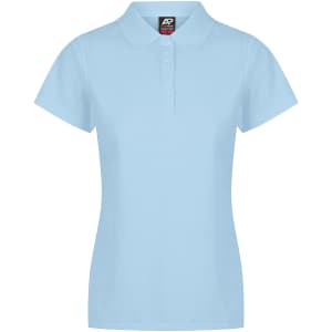A light blue polo shirt featuring a collar and five buttons, with a logo on the label.