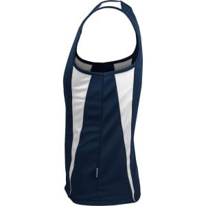 A navy singlet with white stripes, featuring a logo on the side. Ideal for casual wear or sports activities.