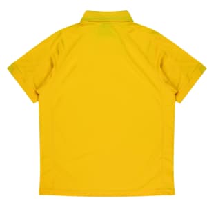 A yellow polo shirt with a collar and short sleeves, featuring a logo on the upper back.