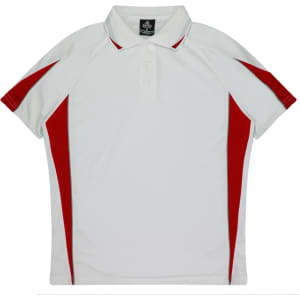 A white polo shirt with red accents and a logo on the collar.