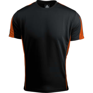 A black t-shirt featuring orange accents on the sleeves. It has a logo at the neckline.