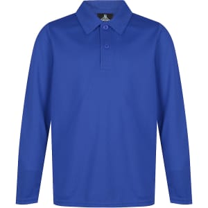 A long-sleeve polo shirt in bright blue with a collar and a button placket. It features a logo at the neck.