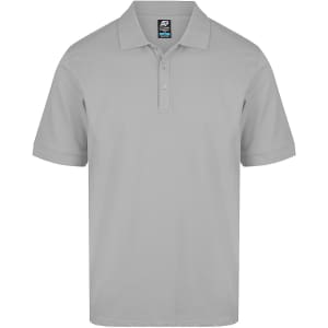 A light grey polo shirt with a classic collar and three-button placket, featuring a logo on the chest area.
