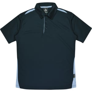 A dark navy polo shirt with light blue accents and a collar, featuring a logo on the neckline.