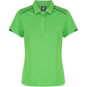 A bright green polo shirt with a collar and a logo, featuring black accents on the sleeves.