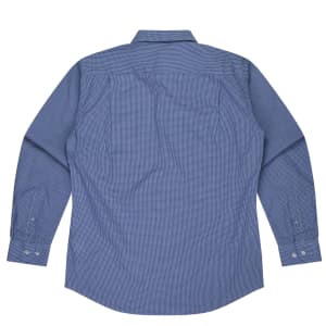 A blue long-sleeve button-up shirt with a checked pattern and a back yoke design. Features branding.