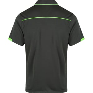 A dark green polo shirt with contrasting green accents. Features a collar and short sleeves. Includes a logo.