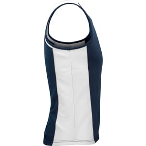 A navy and white singlet with a fitted design, featuring a logo on the front.