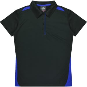 A black and blue women's polo shirt with a collared neckline and short sleeves, featuring a logo.