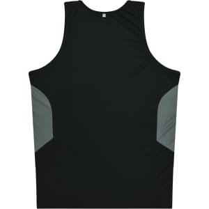 A black singlet with grey side panels and a logo, designed for men.