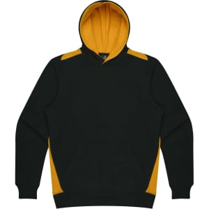 A green hoodie with yellow accents and a front pocket, featuring a hood and a logo.