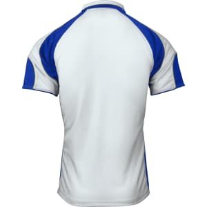 A polo shirt in white and blue, featuring a sporty design with contrasting sleeves, and a logo on the front.