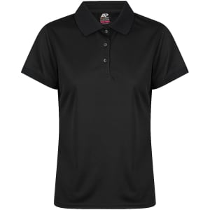 A black polo shirt with a classic collar and button placket, featuring a logo on the label.