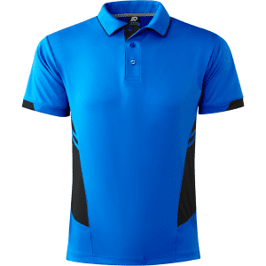 A blue polo shirt with black side panels and a collar, featuring a logo on the front.