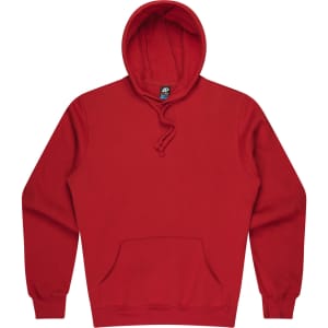 A red hoodie with a front pocket and a snug hood, featuring a logo.