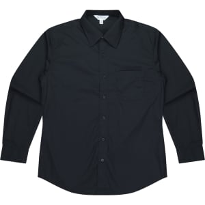 A long-sleeve button-up shirt in black with a chest pocket and a collar. Features a logo.
