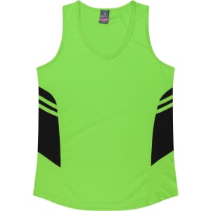 A bright green singlet with black side panels and a V-neck design, featuring a logo on the label.