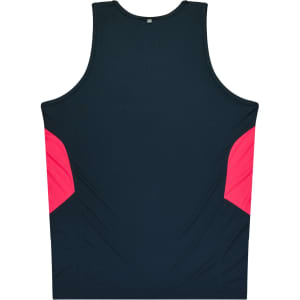 A black singlet with pink side panels, featuring a logo on the back. Suitable for kids.